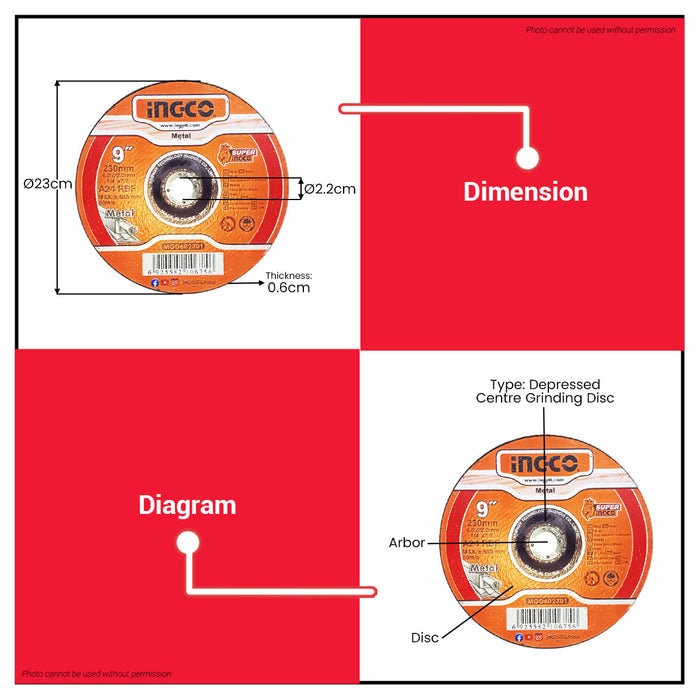 INGCO 230mm Metal Grinding Disc 9"x6mmx22.2mm Depressed Center Angle Grinder Abrasive Wheel MGD602301 - IHT