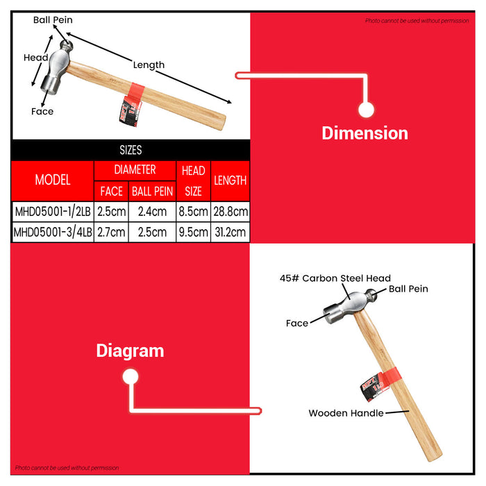 MPT Ball Pein Hammer Wood Handle 1/2LB - 3/4LB HT • MOST PROFESSIONAL TOOLS •