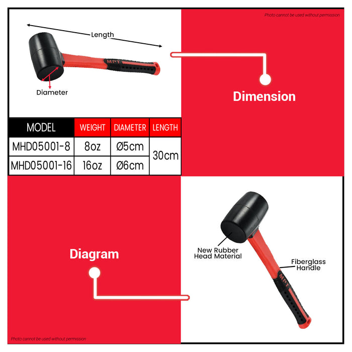 Buildmate x MPT 8"/16" Rubber Mallet Fiberglass Handle Heavy Duty MHD05001