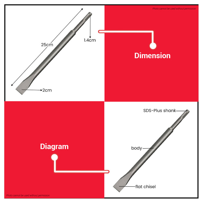Buildmate x MPT SDS-Plus Flat Chisel 14x250x20mm Chrome Alloy Steel MJ06001-1425020