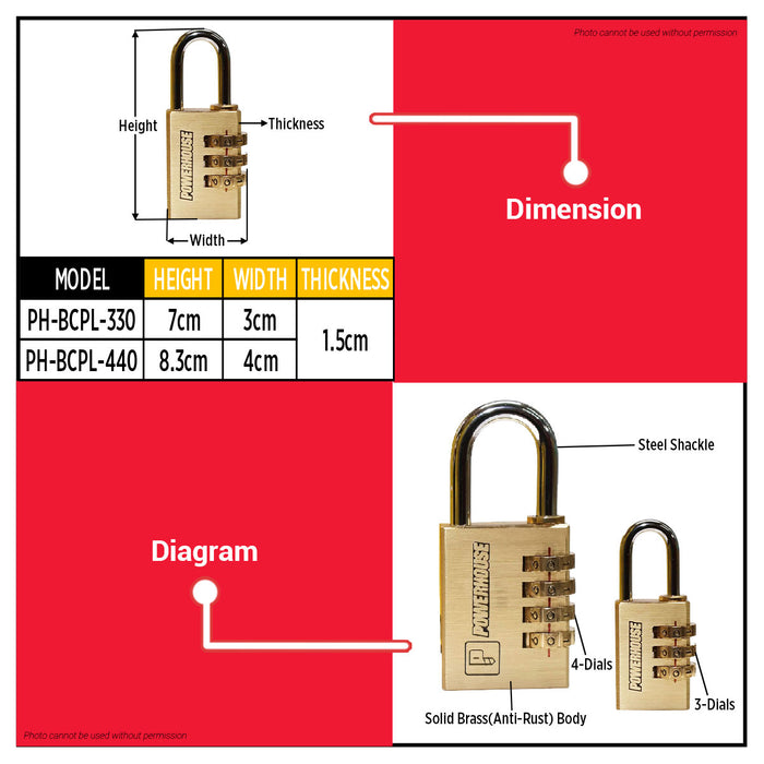 PowerHouse 3 / 4 Dials (30mm/40mm) Brass Combination Padlock | PH-BCPL-440 | PH-BCPL-330 - PHDH