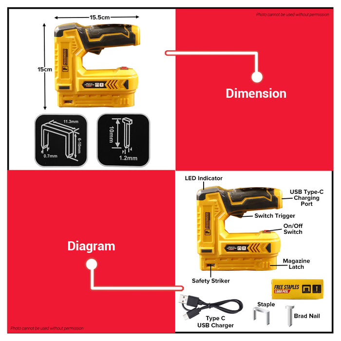 PowerHouse Cordless 2-in-1 Electric Staple and Nail Gun 4V Rechargeable USB Type C with 500pcs Nail and Staple PH-CSGUN-4V PHPT