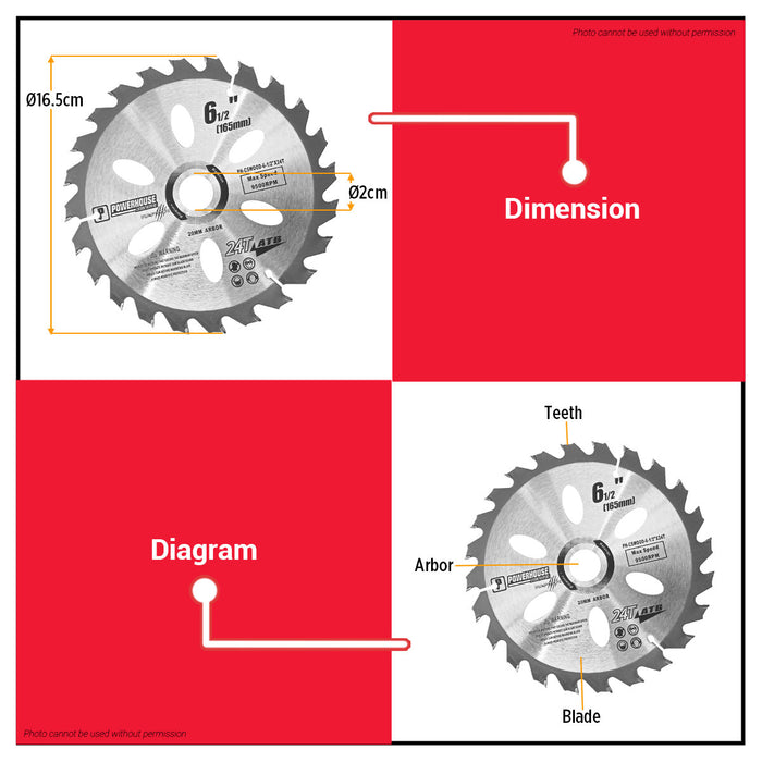 Powerhouse 6-1/2 x 24T Circular Saw Blade for Wood PH-CSWOOD6-12X24T Max Speed 9500RPM PTAA