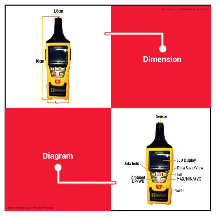 PowerHouse Digital Temperature Thermometer and Humidity Meter w/Max/Min/Avg Data Hold  PH-DTHM618  PHHT