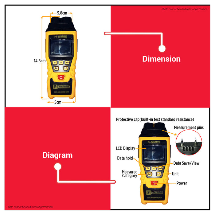 Powerhouse 0-58% Digital Wood Moisture Meter Pin- Type Measuring Tool Timber Damp Tester For Wood Drywall & Concrete PH-DWMM632 - PHHT