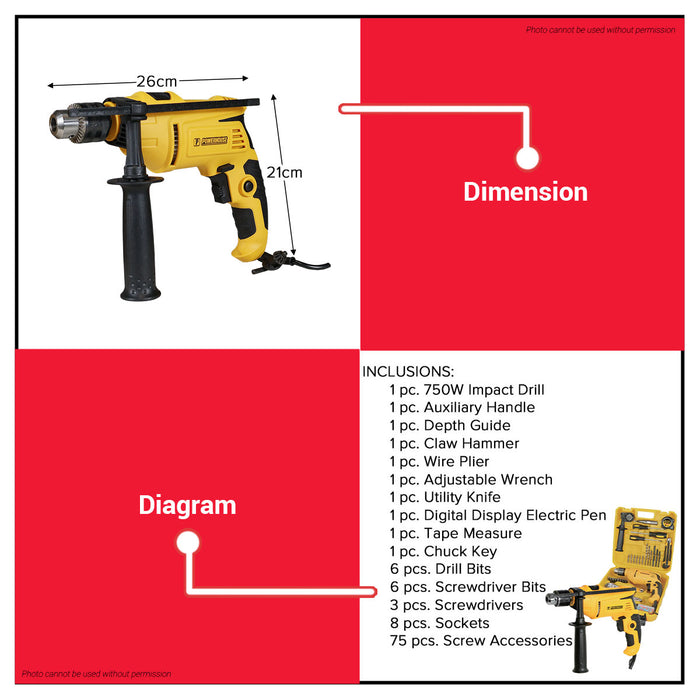 Buildmate x PowerHouse 750W Impact Drill Tool Set with 108PCS Accessories Electric Drill Kit PHPT