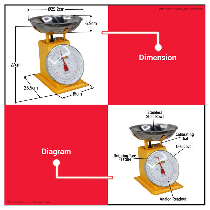 PowerHouse 20kg Mechanical Measuring Weighing Scale with Removable Pan Manual Analog Spring Dial Scale for Kitchen & Market Use PH-MSWS-20KG - PHHT