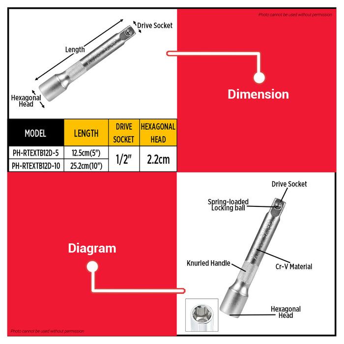 PowerHouse 5" Ratchet Extension Bar 1/2" Drive for Socket Wrench Use PH-RTEXTB12D-5 PHHT