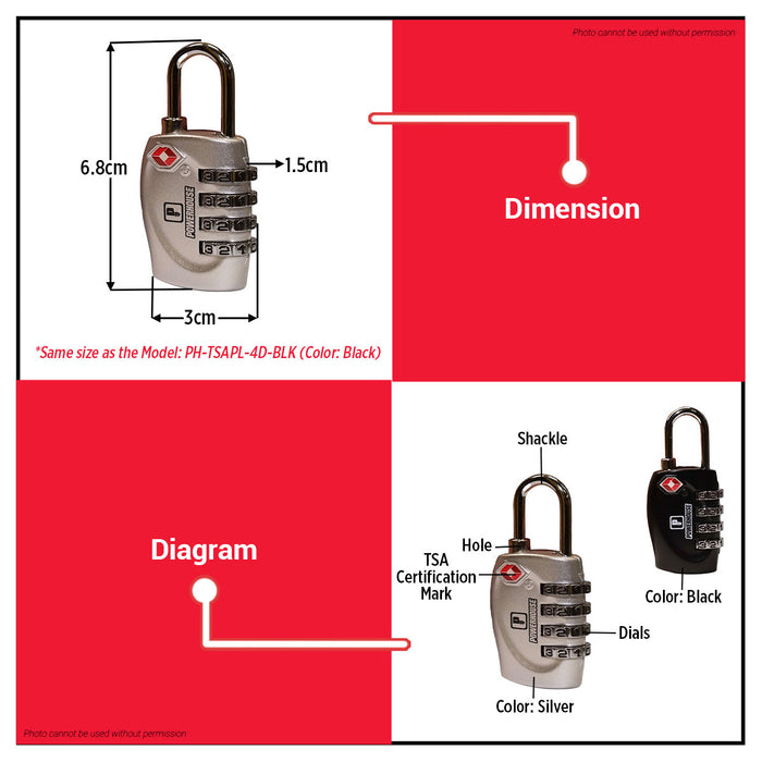 PowerHouse 4-Dials TSA Luggage Padlock (Silver/Black) PH-TSAPL-4D-SLV / PH-TSAPL-4D-BLK | PHDH