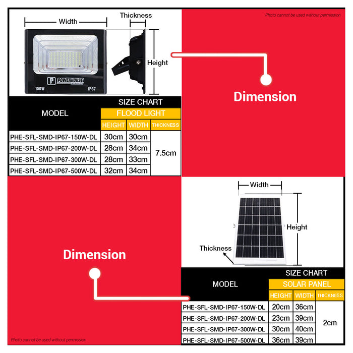 PowerHouse 200W | 300W | 500W Electric Solar Flood Light  DAYLIGHT Outdoor Weatherproof Solar-powered Security Light IP67(SMD) 6500K PHE-SFL-SMD-IP67   PHE