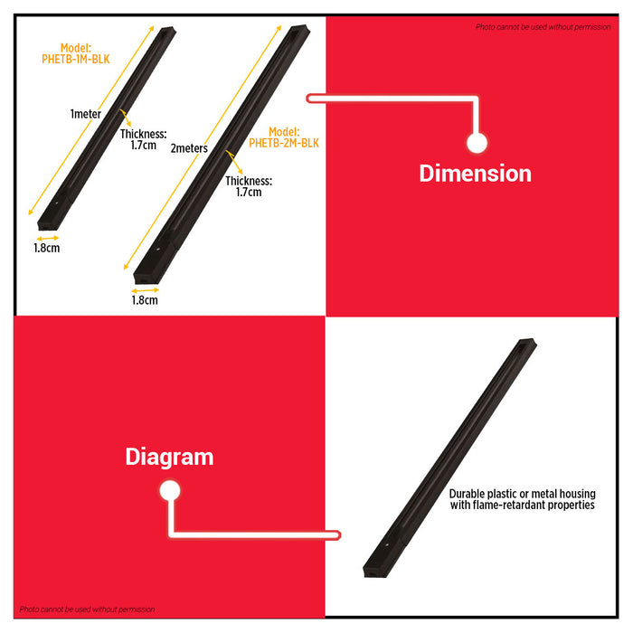 PowerHouse 1 and 2 Meter Black Electric Track Bar PHETB-1M-BLK | PHETB-2M-BLK PHE