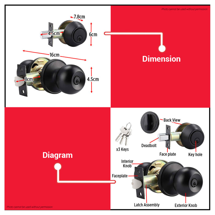 BUILDMATE x POLOLOCK Combo Lockset Matte Black – Heavy-Duty Door Knob with 3 Keys for Home & Office Security