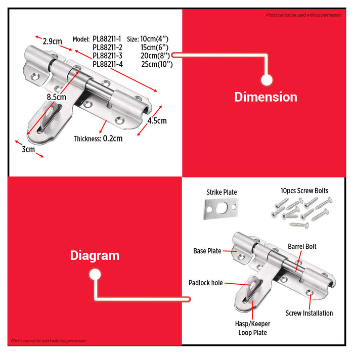 BUILDMATE x POLOLOCK Stainless Barrel Bolt W/Hasp 4,6,8,10