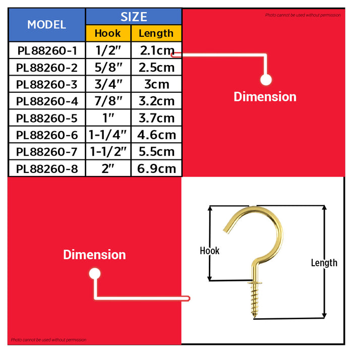 BUILDMATE x POLOLOCK B/P Cup Hook ½", ⅝", ¾", ⅞", 1", 1-¼", 1-½", 2" | Brass-Plated Steel Hook for Hanging & Organizing