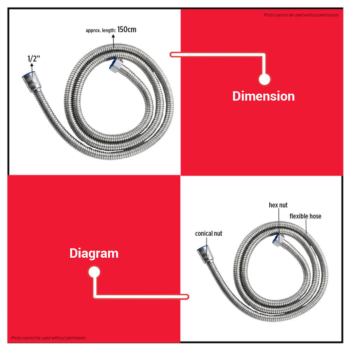 Buildmate x Pololock by Polonet Stainless Shower Hose 1/2" x 150cm Copper Core Corrosion-Resistant PL22180-02