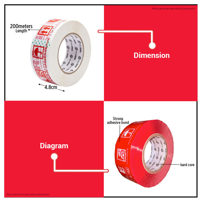 Buildmate x Pololock Fragile Tape 200M Strong Adhesive Tear-Resistant White/Red PL66443