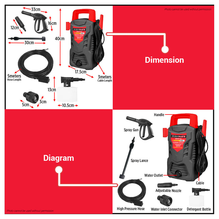 BUILDMATE Brand 1400W Portable Pressure Washer BM-PW1400 With Adjustable Max Pressure