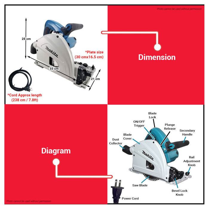BUILDMATE Makita 1300W Plunge Cut Circular Saw Set SP6000 with 55" Inch Guide Rail Wood Cutting 1943685