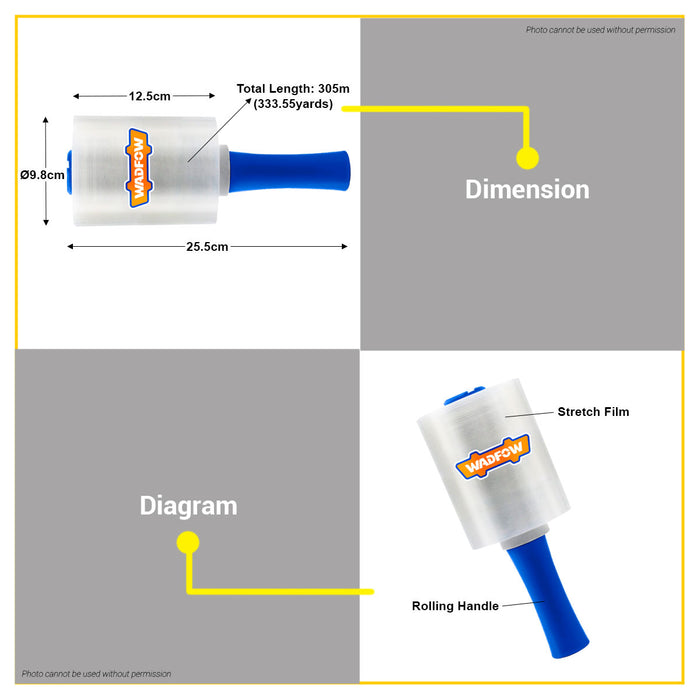 BUILDMATE Wadfow Stretch Wrap Film 305mm x 125mm with Rolling Handles Transparent Plastic Shrink Wrap Packaging Film WXR1303 - WHT