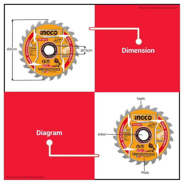 INGCO 8-1/4in(210mm) 40T Ultra Thin TCT Saw Blade For Wood TSB2103 IHT