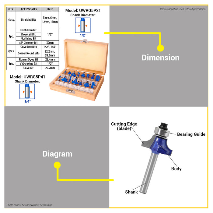 BUILDMATE Wadfow 15PCS/SET Router Bit 1/2" / 1/4" Shank Diameter Shaping Milling Trimming Woodworking Bits SOLD PER SET - WHT