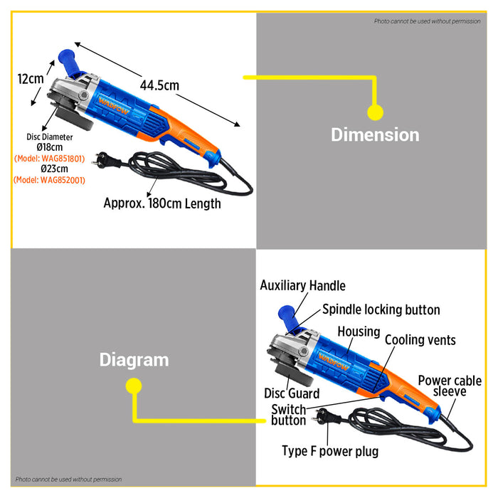 BUILDMATE Wadfow Electric Angle Grinder 1800W / 2000W Polishing & Grinding Machine Rotary Disc Power Tools - WPT