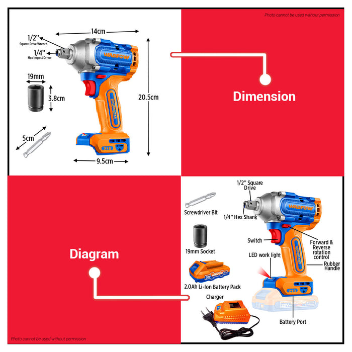 WADFOW 2in1 P20S/20V Lithium-Ion Brushless Motor Cordless Impact Driver & Impact Wrench WCD3B21 WCPT