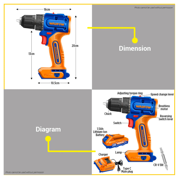 BUILDMATE Wadfow 20V Brushless Lithium-Ion Cordless Drill 0.8-10mm 2 Speed Gear Rechargeable Hand Drill Driver Power Tools WCDP5521 - WCPT