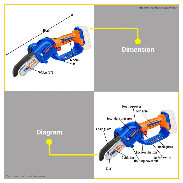 BUILDMATE Wadfow 20V Lithium-Ion Cordless Pruner Saw 130cm Rechargeable Handheld Chainsaw Pruner Tree Pruning Branch Cutter Wood Garden Trimming Saw WCLP552 - ICPT