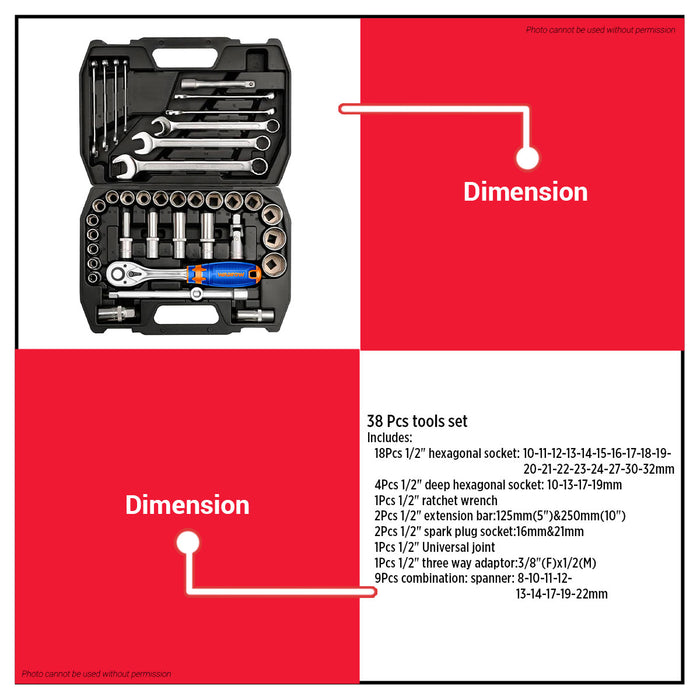 Buildmate x Wadfow 38pcs Tool Set 1/2" Socket & Wrench Kit WHS2038 WHT