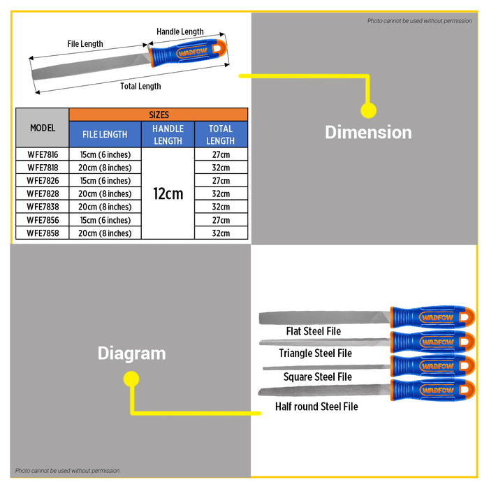 BUILDMATE Wadfow T12 Steel File Flat / Half Round / Square / Triangle Metal Hand Shaping Metalworking Workshop Filing Tool - WHT