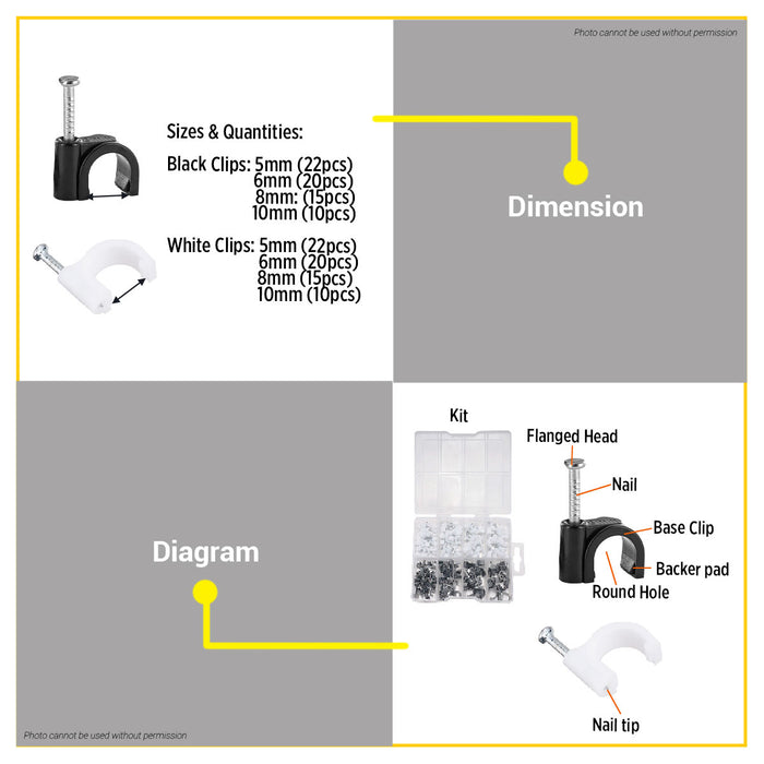BUILDMATE Wadfow 134PCS/SET Cable Clip Kit Black & White Cable Management Cord Organizer Wire Clamp Mounting Clip Fastener Holder Set WFQAB01 - WHT