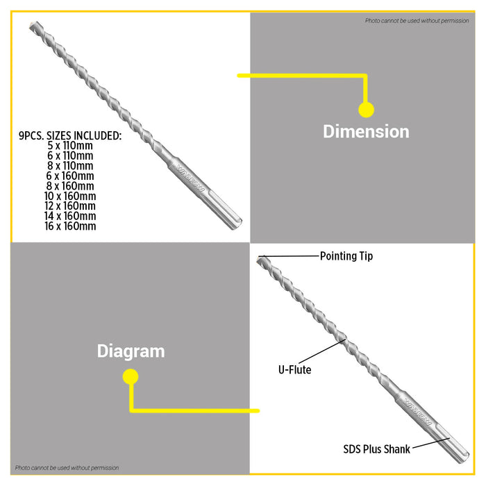 BUILDMATE Wadfow 9pcs SDS Plus Hammer Drill Bits Set Heavy Duty Concrete & Masonry Drilling Power Tool Accessories For Rotary Hammer WHD6509 - WHT