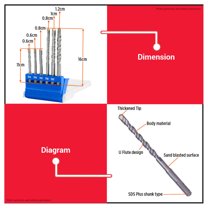 WADFOW 6pcs SDS Plus Hammer Drill Bits Set WHD6B06 WHT