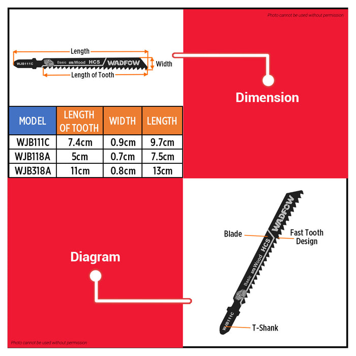 BUILDMATE Wadfow 5PCS/SET Jig Saw Blade for Wood | For Metal Fine Curve Straight Basic for Clean Cut Saw Blades Wood Cutting WJB111C | WJB118A • WHT