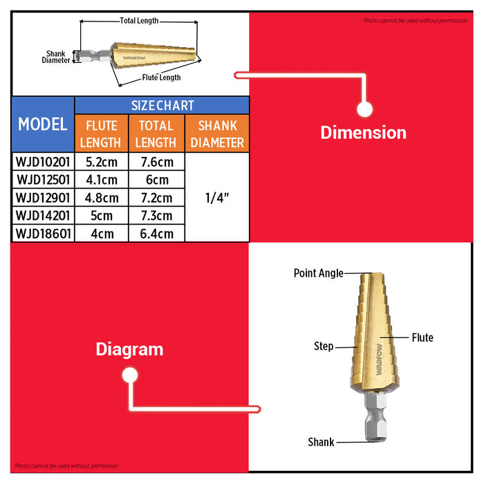 WADFOW Titanium Step Drill Bit HSS 1/4" Hex Shank Metal Wood Plastic Sheet Cone Drilling Tool for Power Drill - WHT