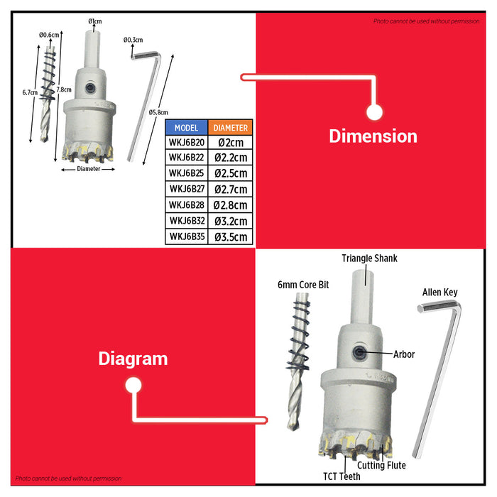 BUILDMATE Wadfow #6 27mm TCT Hole Saw with Triangle Shank Tungsten Carbide Tipped Drill Cutter For Metal Cutting WKJ6B27 - WHT