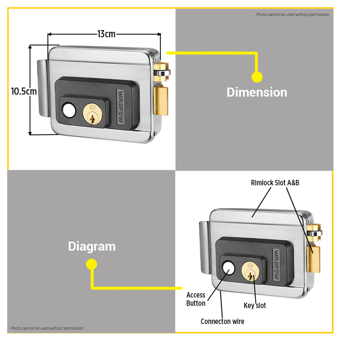 BUILDMATE Wadfow Electric Rim Lock 60mm Loose / Fixed Cylinder Right Hand Opening With 3pcs Brass Keys Electronic Security Rim Mounted Gate Door Auto Lock - WHT