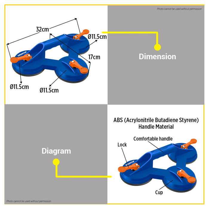 BUILDMATE Wadfow 75kg Triple Suction Cup Glass Sucker Lifter with ABS Handle Vacuum Gripper Tool Three Claw Glass Carrier WKR1G75 - WHT