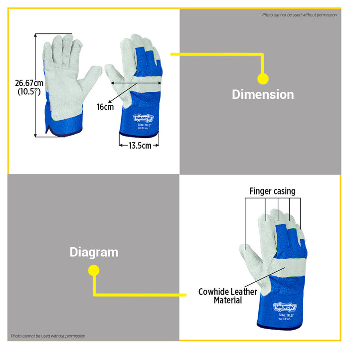 BUILDMATE Wadfow Leather Cowhide Gloves 10.5" Double Stitched Gunn Cut With Keystone Thumb Multipurpose Work Protective Gloves WLG0105 - WHT