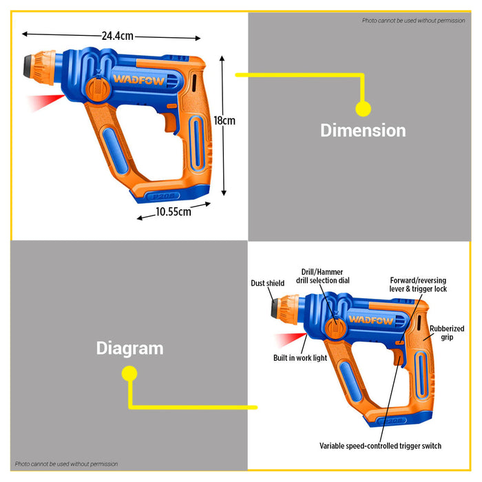 BUILDMATE Wadfow Lithium-Ion Cordless 20V Rotary Hammer 0-850rpm One Button with Two Function Rechargeable Concrete Hammer Drill - WCPT