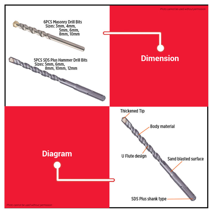 WADFOW 11pcs/set Masonry and Hammer Drill Bits Set WMJ6511 WHT - BUILDMATE