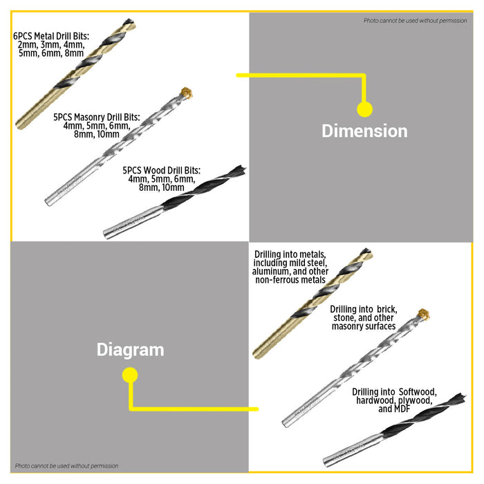 BUILDMATE Wadfow 16pcs Metal, Masonry And Wood Drill Bits Set Multi-Purpose Twist Drilling Accessories Tool Set for Power Drill WMJ6516 - WHT