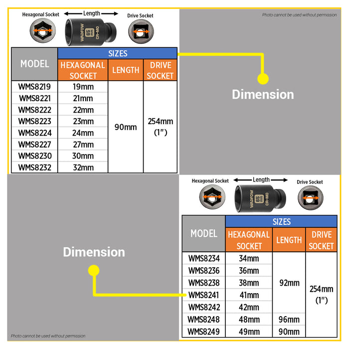 BUILDMATE Wadfow 1" Deep Impact Socket 19mm - 65mm Heavy Duty Impact Wrench Deep Drive Hex Socket For Mechanical & Automotive SOLD PER PIECE - WHT