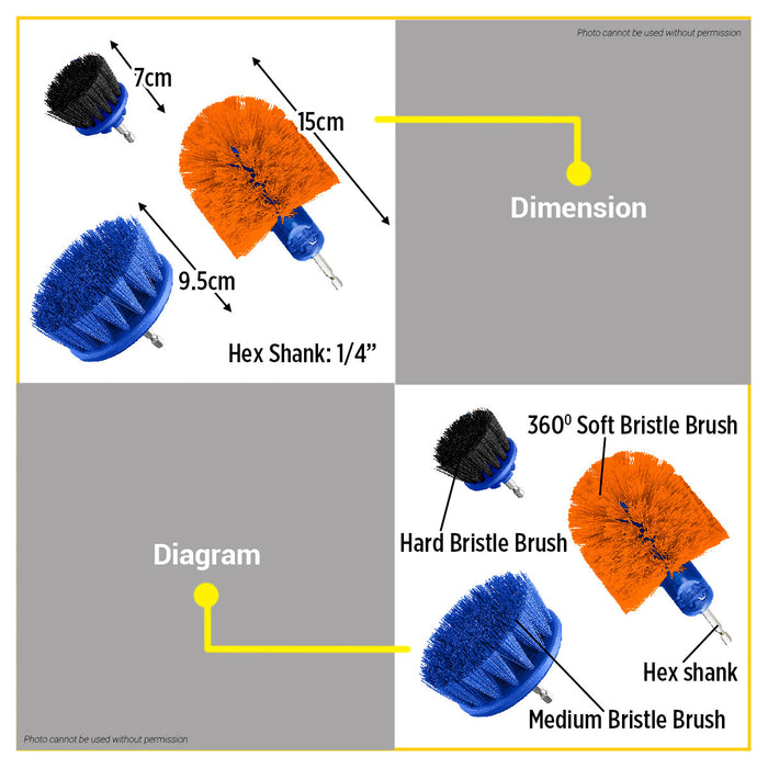 BUILDMATE Wadfow 3pcs Multipurpose Brush Set 1/4" Hex Shank Soft Medium Hard Bristle Auto Detailing Cleaning Brushes Tool Kit WND5401 - WHT