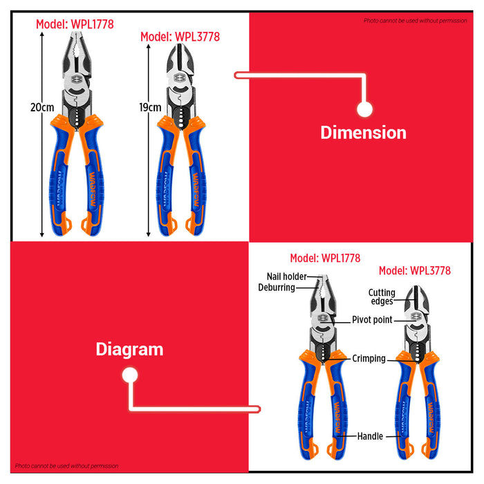 Wadfow 8” inch / 200MM Multi Function Combination Pliers WPL1778 | 7.5inch/190MM Diagonal Cutting Pliers WPL3778 WHT
