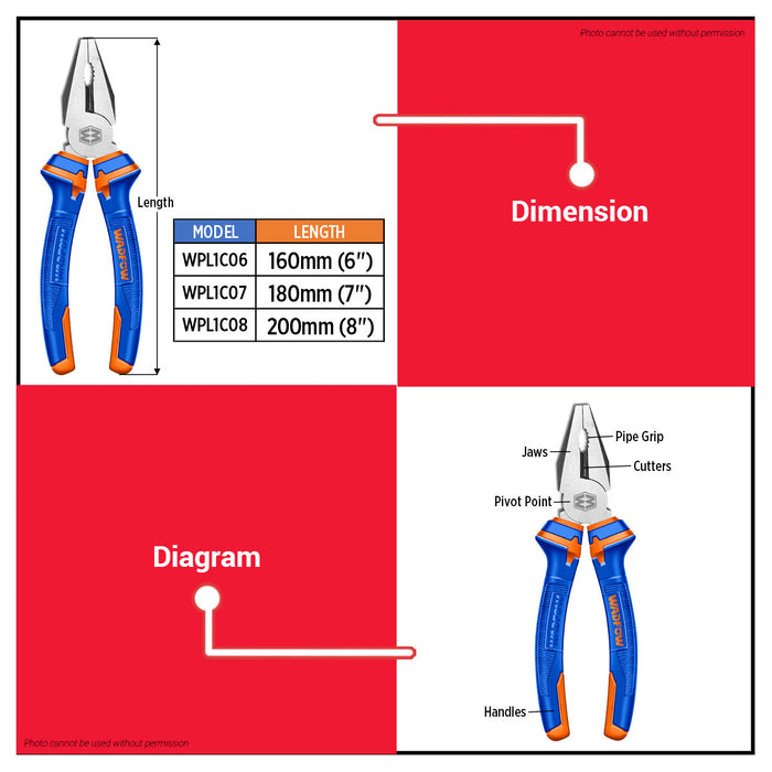 WADFOW 6"-8" Inch Combination Pliers Multifunction Polish and Anti-Rust Oil Heavy Duty Plier SOLD PER PIECE •BUILDMATE• WHT