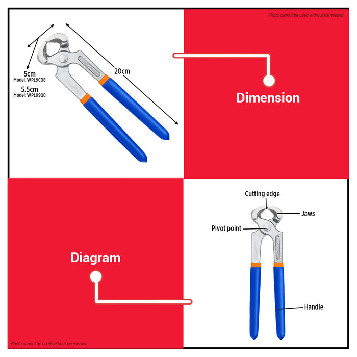BUILDMATE Wadfow 8" Carpenter Pliers Multi-Purpose Nail Grip Puller Remover Tool End Nipper Claw Cutting Carpentry Plier - WHT