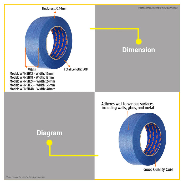 BUILDMATE Wadfow Masking Tape 12mm - 48mm Adhesive Blue Colored Tape For Painting and General Masking Applications SOLD PER PIECE - WHT