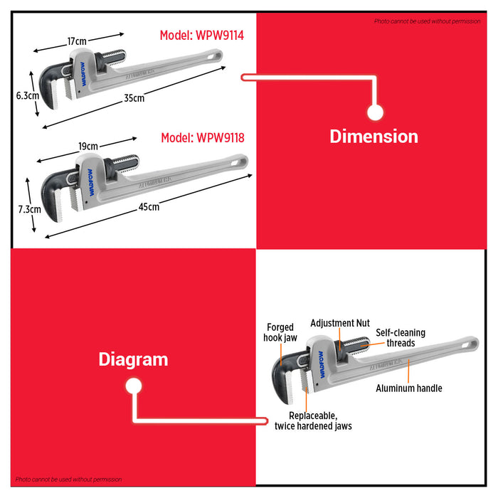 WADFOW 14" | 18" Aluminum Handle Pipe Wrench WPW9114 | WPW9118 WHT